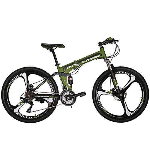 Folding Bike : Eurobike OBk G4 Folding Mountain Bike 21 Speed Bicycle Full Suspension MTB Foldable Frame 26 3 Spoke Wheels (Green)