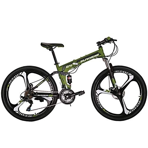 Folding Bike : Eurobike OBk G4 Folding Mountain Bike 21 Speed Bicycle Full Suspension MTB Foldable Frame 26” 3 Spoke Wheels (Green)