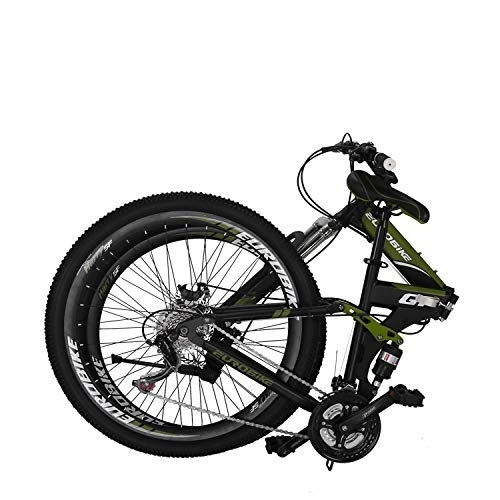 Folding Bike : Eurobike OBK G7 Folding Bike 21 Speed Full Suspension Mountain Bicycle 27.5” Daul Disc Brake Mens Bikes Foldable Frame (Green Spoke wheels)