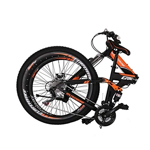 Folding Bike : Eurobike OBK G7 Folding Bike 21 Speed Full Suspension Mountain Bicycle 27.5” Daul Disc Brake Mens Bikes Foldable Frame (Orange Spoke wheels)
