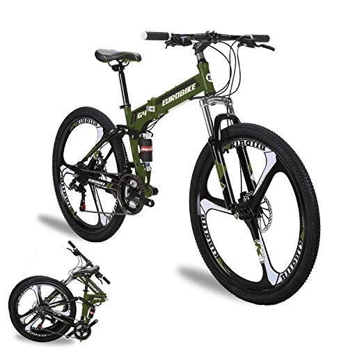 Folding Bike : Eurobike YH-G4 Folding Mountain Bike for Adults, 26 Inch Mountain bikes, 21 Speed Full Suspension, Dual Disc Brakes, Foldable Frame Bicycle (GREEN)