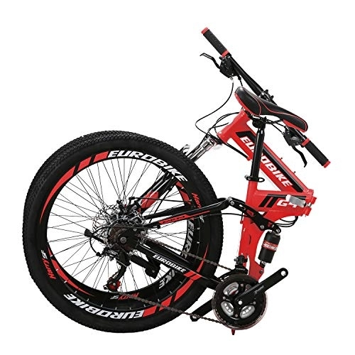 Folding Bike : Eurobike YH-G4 Folding Mountain Bike for Adults 26 Inch Wheels 21 Speed Full Suspension Dual Disc Brakes Foldable Frame Bicycle (Red)