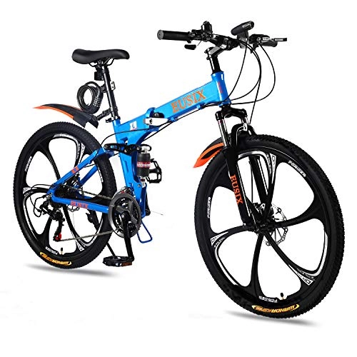 Folding Bike : EUSIX X9 26 inches Mountain Bike for Men and Women Aluminum Frame Folding Bicycle with Dual Suspension and 21 Speed Gear Men Bike MTB (Blue)