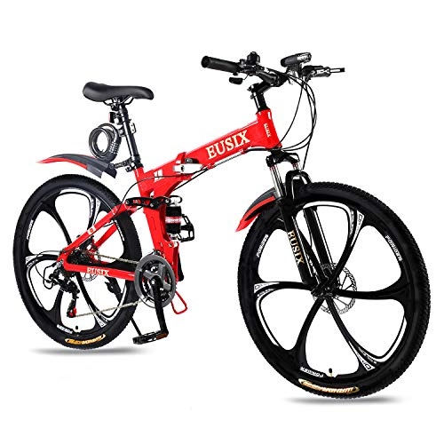 Folding Bike : EUSIX X9 26 inches Mountain Bike for Men and Women Aluminum Frame Folding Bicycle with Dual Suspension and 21 Speed Gear Men Bike MTB (Red)