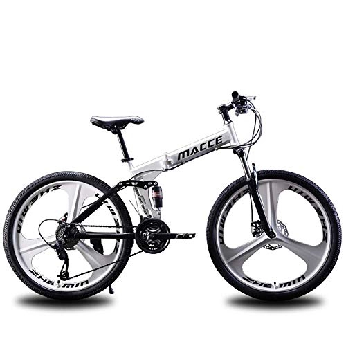 Folding Bike : F-JWZS Unisex 26 Inch Mountain Bike, 21 / 24 / 27 Speed Dual Suspension Folding Bike, with Disc Brake, for Student, Child, Adult Commuter City, White, 21speed