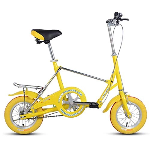 Folding Bike : FANG Mini Folding Bikes, 12 Inch Single Speed Super Compact Foldable Bicycle, High-carbon Steel Light Weight Folding Bike with Rear Carry Rack, Yellow