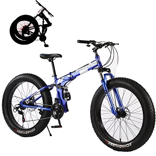 Folding Bike : Fat Tires Folding Bike for Adults Mountain Bicycle Removable Adult Mountain Snow Beach Electric Bike with Suspension Fork 21 Speed Gears High Carbon Steel Frame, Blue, 26inch
