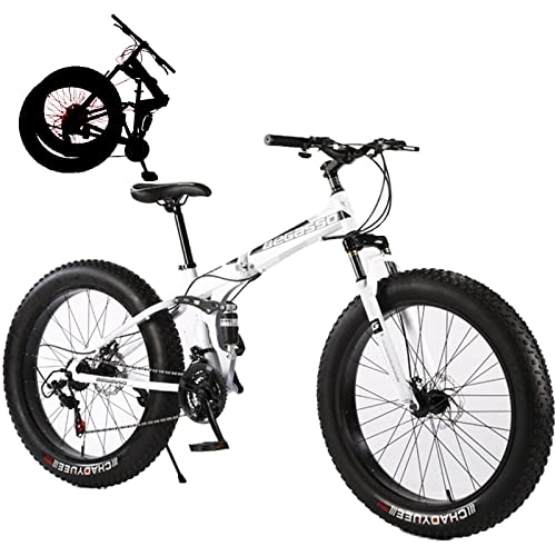 Folding Bike : Fat Tires Folding Bike for Adults Mountain Bicycle Removable Adult Mountain Snow Beach Electric Bike with Suspension Fork 21 Speed Gears High Carbon Steel Frame, White, 24inch