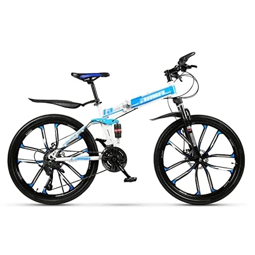 Folding Bike : FAXIOAWA Folding Mountain Bike, Bike for Adults and Youth, Hydraulic Disc-Brake, Lock-Out Suspension Fork, Aluminum Frame, with Adjustable Seat Tube Height, White