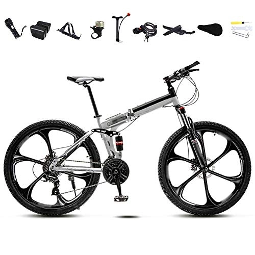Folding Bike : FBDGNG 24-26 Inch MTB Bicycle, Unisex Folding Commuter Bike, 30-Speed Gears Foldable Mountain Bike, Off-Road Variable Speed Bikes for Men And Women, Double Disc Brake / White / 24'' / B wheel