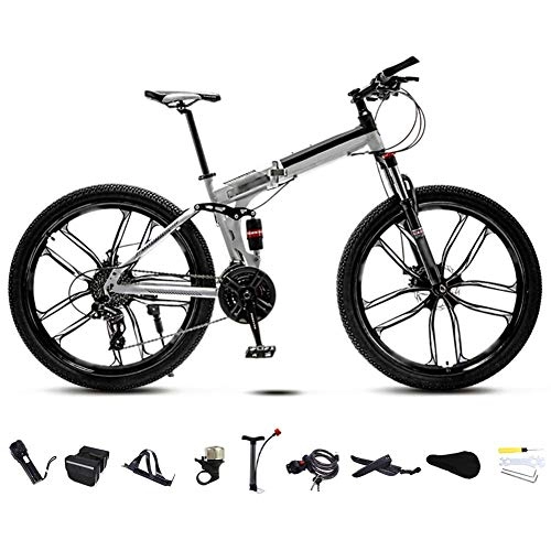 Folding Bike : FBDGNG 24-26 Inch MTB Bicycle, Unisex Folding Commuter Bike, 30-Speed Gears Foldable Mountain Bike, Off-Road Variable Speed Bikes for Men And Women, Double Disc Brake / White / C wheel / 24