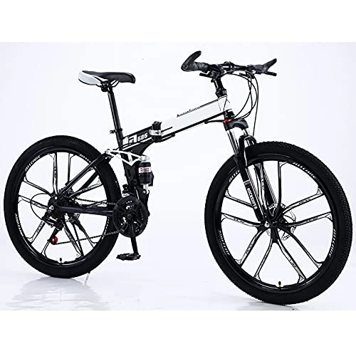 Folding Bike : FGKLU 26 inch 21 Speed Folding Mountain Bike, Adults Carbon Steel Bicycle, Full Suspension Disc Brake Outdoor MTB Bikes for Men Women, C