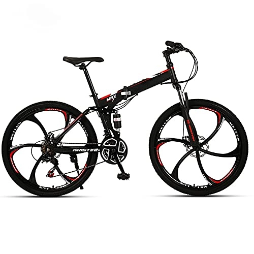 Folding Bike : FGKLU 26 inch Adult Folding Mountain Bike, 6 Knife Wheels Outdoor MTB Bikes Bicycle for Men Women, 21 / 24 / 27 Speed High-Carbon Steel Dual Disc Brakes, A, 21 speed