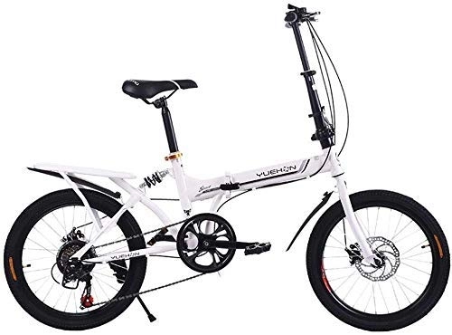 Folding Bike : FHKBB 20 Inch Folding Bicycle Shifting - Folding Speed Bicycle Women / Men's Adult Students Bicycle Double Disc Brakes Shock Absorption, White (Color : White)