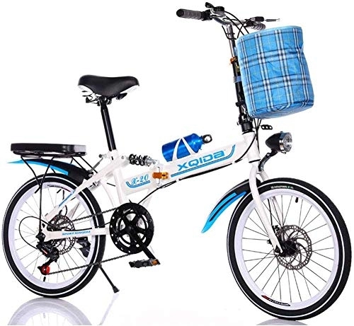 Folding Bike : FHKBB 20 Inch Folding Bicycle Shifting - Men And Women Shock Absorber Bicycle - Shock Disc Brakes Adult Ultra Light Children Students Portable with Small Bicycle, Blue, 20inchspokewheel