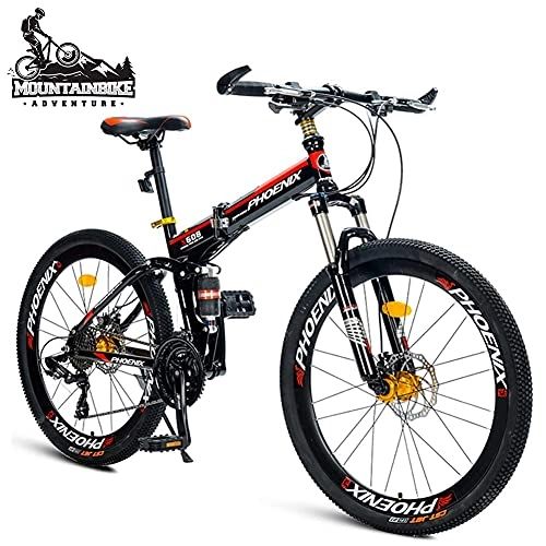 Folding Bike : FHKBK 26 Inch Mountain Bikes with Dual Suspension for Adult Men / Women, 21 Speed Folding Anti-Slip Off-Road Mountain Bicycle, Dual Disc Brake & Adjustable Seat, Black, Spokes