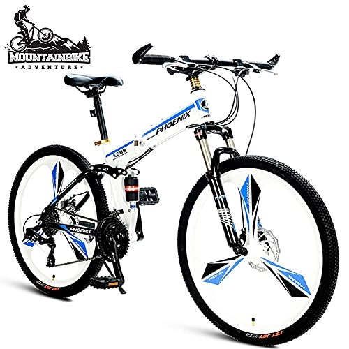 Folding Bike : FHKBK 26 Inch Mountain Bikes with Dual Suspension for Adult Men / Women, 21 Speed Folding Anti-Slip Off-Road Mountain Bicycle, Dual Disc Brake & Adjustable Seat, White, 3 Spokes