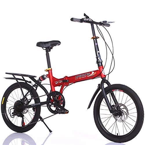 Folding Bike : FJW 6 Speed Unisex Suspension Folding Bike 20 Inch High-carbon Steel Student Child Commuter City Bike, Red