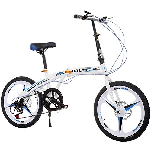Folding Bike : FJW Unisex Folding Bike 20 Inch Double Disc Brake 7 Speed Integral Wheel Student Child Commuter City Bike, White