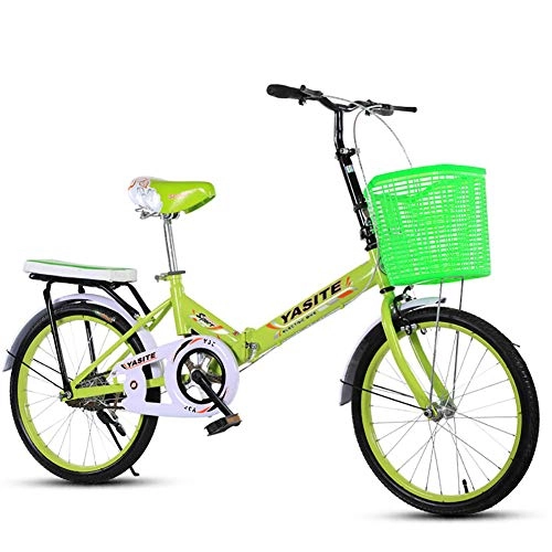 Folding Bike : FJW Unisex Folding Bike 20 Inch Single Speed High-carbon Steel Student Child Commuter City Bike, Green