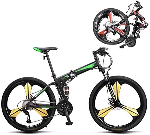 Folding Bike : FLJMR 26 Inch Mountain Bike Folding Bikes, 27-Speed Compact Commuter Double Disc Brake Full Suspension Bicycle, Off-Road Variable Speed Bikes for Men and Women, Green
