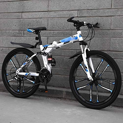 Folding Bike : FLJMR 26 Inch Mountain Bike Folding Bikes, 27-Speed Compact Folding Commuter Double Disc Brake Full Suspension Bicycle, Off-Road Variable Speed Bikes for Men and Women, Blue