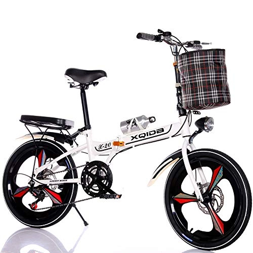 Folding Bike : FLYFO Double-Disc Brake Bicycle, Folding Integrated Wheel 20-Inch Adult Moped, Portable Student Bikes, Travel Bicycle, Road Bike, White