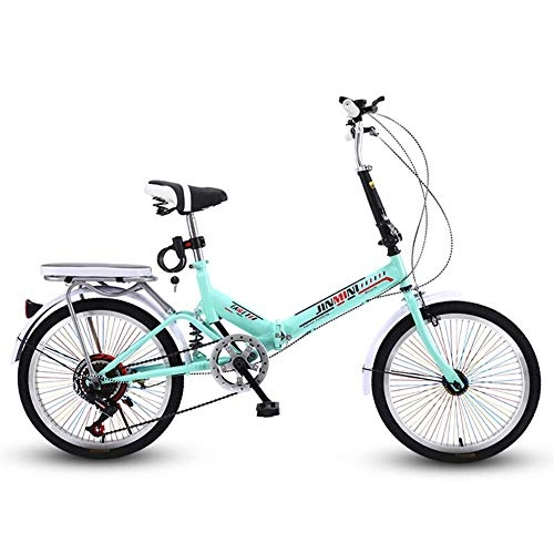 Folding Bike : FMOPQ Folding Bicycle 20 Inch 6 Speed Adult Bikes Shock Absorber Ultralight Portable Youth Student Bicycle (Green)
