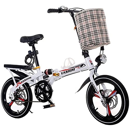 Folding Bike : FMOPQ Portable Folding Kids Bike Foldable Adult Soft-Tail Bicycle Road Bike 6-Speed Disc Brake with Basket and Back Seat 16 / 20inch Black White (Color : Black Size : 20inch) (White 20inch)