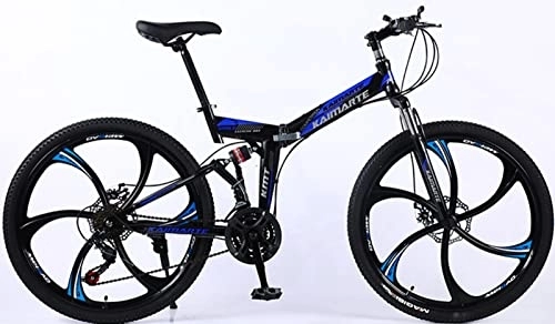 Folding Bike : Foldable Frame Bicycle, 26“ Thick Wheel Mountain Bike, 21 Speed Bicycle High-Carbon Steel Frame Dual Full Suspension Dual Disc Brake, Men and Women's Outdoor Blue, 26 inches