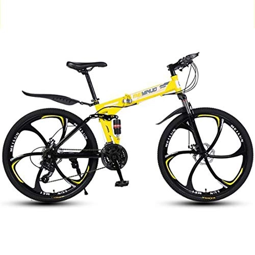 Folding Bike : Foldable Mountain Bike, Carbon Steel Frame Bike, with Dual Disc Brake Double Suspension (Color : Yellow, Size : 21 Speed)