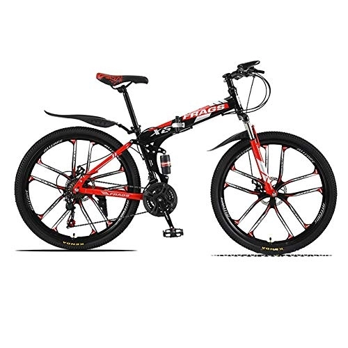 Folding Bike : Foldable Mountain Bike, Dual Disc Brakes Variable Speed Bike, 26 Inch, Full Suspension Frame, 21 Speed, for Adults Women Teens Unisex(Black Red) fengong