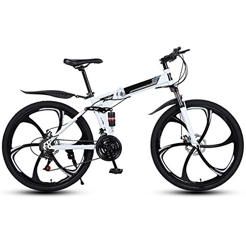 Folding Bike : Foldable Variable Speed Mountain Bike Front And Rear Double Shock Absorber 6 Cutter Wheel Road Bike, White, 27 speed
