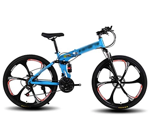 Folding Bike : Folding 24 / 26 Inch Adult Mountain Bike Bikes, Adult Variable speed double shock-absorbing bicycle with 6-Spoke Wheel, 21 / 24 / 27 Speed (Color : Blue, Size : 24 inch 21 speed)