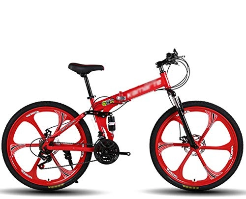 Folding Bike : Folding 24 / 26 Inch Adult Mountain Bike Bikes, Adult Variable speed double shock-absorbing bicycle with 6-Spoke Wheel, 21 / 24 / 27 Speed (Color : Red, Size : 24 inch 21 speed)