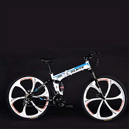 Folding Bike : Folding 26-inch 21-speed mountain bike-dual disc brakes-suitable for male and female bicycles for adult students White blue-27 speed