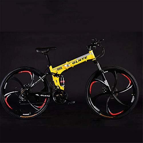 Folding Bike : Folding 26-inch 21-speed mountain bike-dual disc brakes-suitable for male and female bicycles for adult students Yellow silver-21 speed