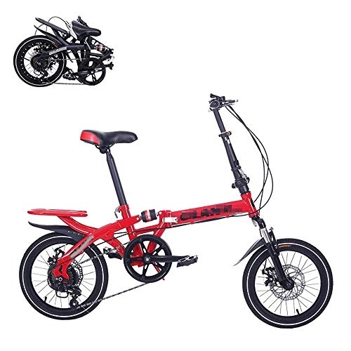 Folding Bike : Folding Adult Bicycle, 16-inch 6 Variable-speed Labor-saving Shock-absorbing Bicycle, Front and Rear Double Disc Brakes, Fast Folding Portable Commuter Bicycle (Red)