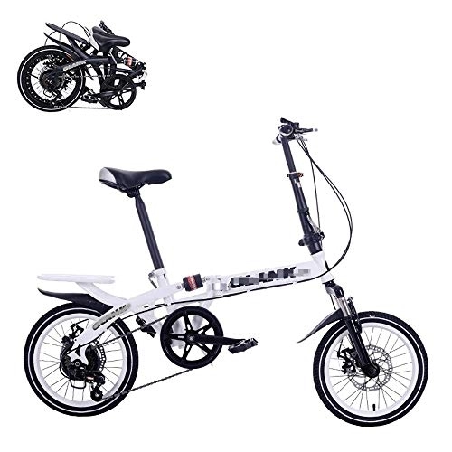 Folding Bike : Folding Adult Bicycle, 16-inch 6 Variable-speed Labor-saving Shock-absorbing Bicycle, Front and Rear Double Disc Brakes, Fast Folding Portable Commuter Bicycle (White)
