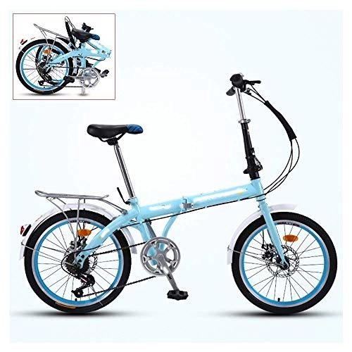 Folding Bike : Folding Adult Bicycle, 20-inch 7-speed Ultra-light Portable Bicycle, Adjustable Seat Handle, Double-disc Brake, 3-step Quick Folding (including Gifts) (Blue)