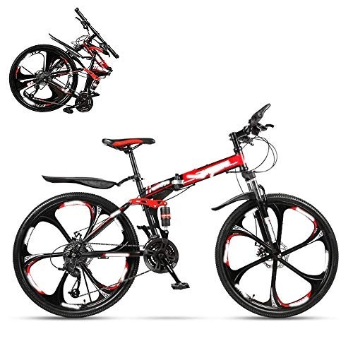 Folding Bike : Folding Adult Bike, 24 Inch Dual Shock Absorption Off-road Racing, 21 / 24 / 27 / 30 Speed Optional, Lockable U-shaped Front Fork, 4 Colors, Including Gifts (Red 21)