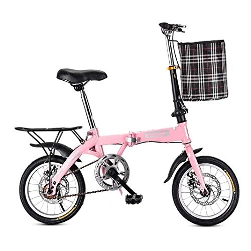 Folding Bike : Folding Bicycle 14 Inch 16 Inch 20 Inch Student Bicycle Single Speed Disc Brake Adult Compact Foldable Bike Gears Folding System Traffic Light Fully, Pink, 16inch