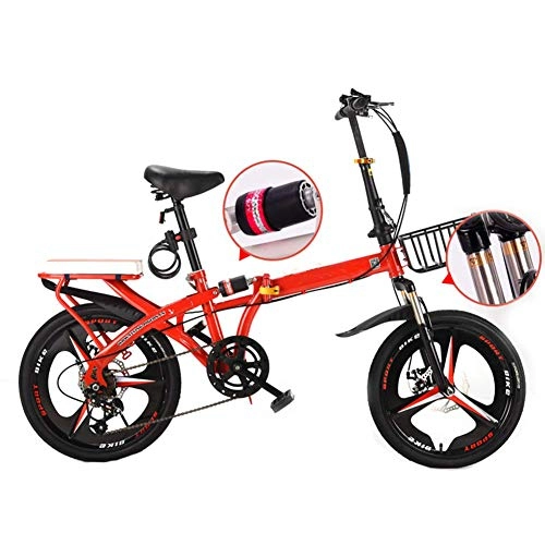 Folding Bike : Folding Bicycle, 20 Inch Men And Women Models Lightweight Bike Bicycle Adult Mini Speed Car Double Disc Brake Double Shock Absorption Bicycle, Red, 16 inches