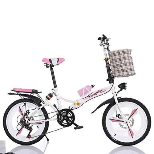 Folding Bike : Folding Bicycle 20-Inch Shock Absorber Speed Change Three-Knife Disc Brake Adult Male and Female Students Portable Small Bicycle-Pink
