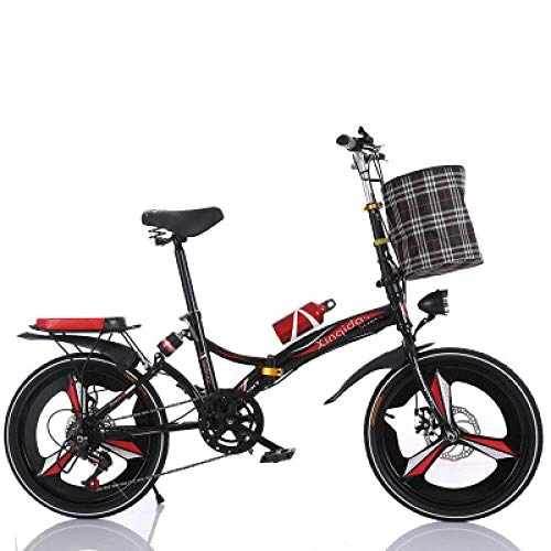Folding Bike : Folding Bicycle 20-Inch Shock Absorber Speed Change Three-Knife Disc Brake Adult Male and Female Students Portable Small Bicycle-Red