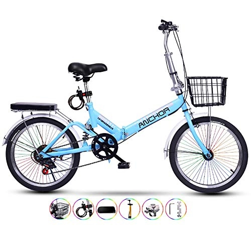 Folding Bike : Folding bicycle comfortable seat 20 inch adult male ladies bicycles ultra-light 6-speed bikes with basket encrypted color banner student small bicycle High-carbon steel