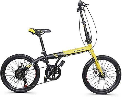 Folding Bike : Folding Bike, 20-Inch 6-Speed City Commuter Bike, High Carbon Steel Frame, Mechanical Disc Brake, for Children and Adults, White
