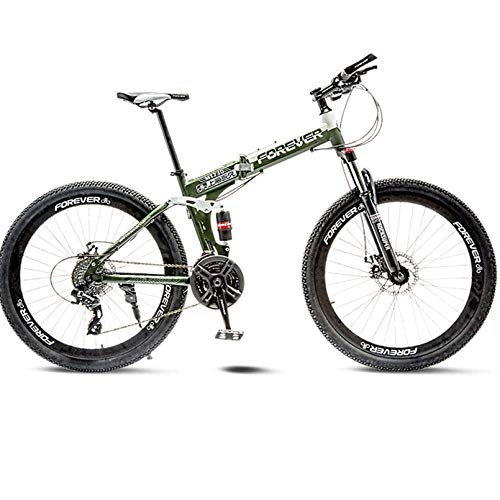 Folding Bike : Folding Bike, 24 / 26 Inch Adult Mountain Bike 27-Speed Bicycle, Dual Suspension Frame Off-Road Bike, High-Carbon Stee MTB, Army Green, 24 Inch