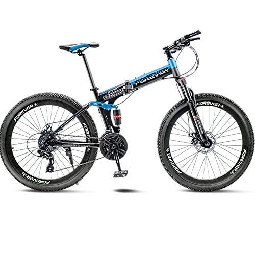 Folding Bike : Folding Bike, 24 / 26 Inch Adult Mountain Bike 27-Speed Bicycle, Dual Suspension Frame Off-Road Bike, High-Carbon Stee MTB, Black Blue, 24 Inch