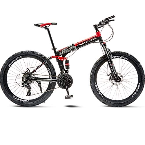 Folding Bike : Folding Bike, 24 / 26 Inch Adult Mountain Bike 27-Speed Bicycle, Dual Suspension Frame Off-Road Bike, High-Carbon Stee MTB, Black Red, 24 Inch